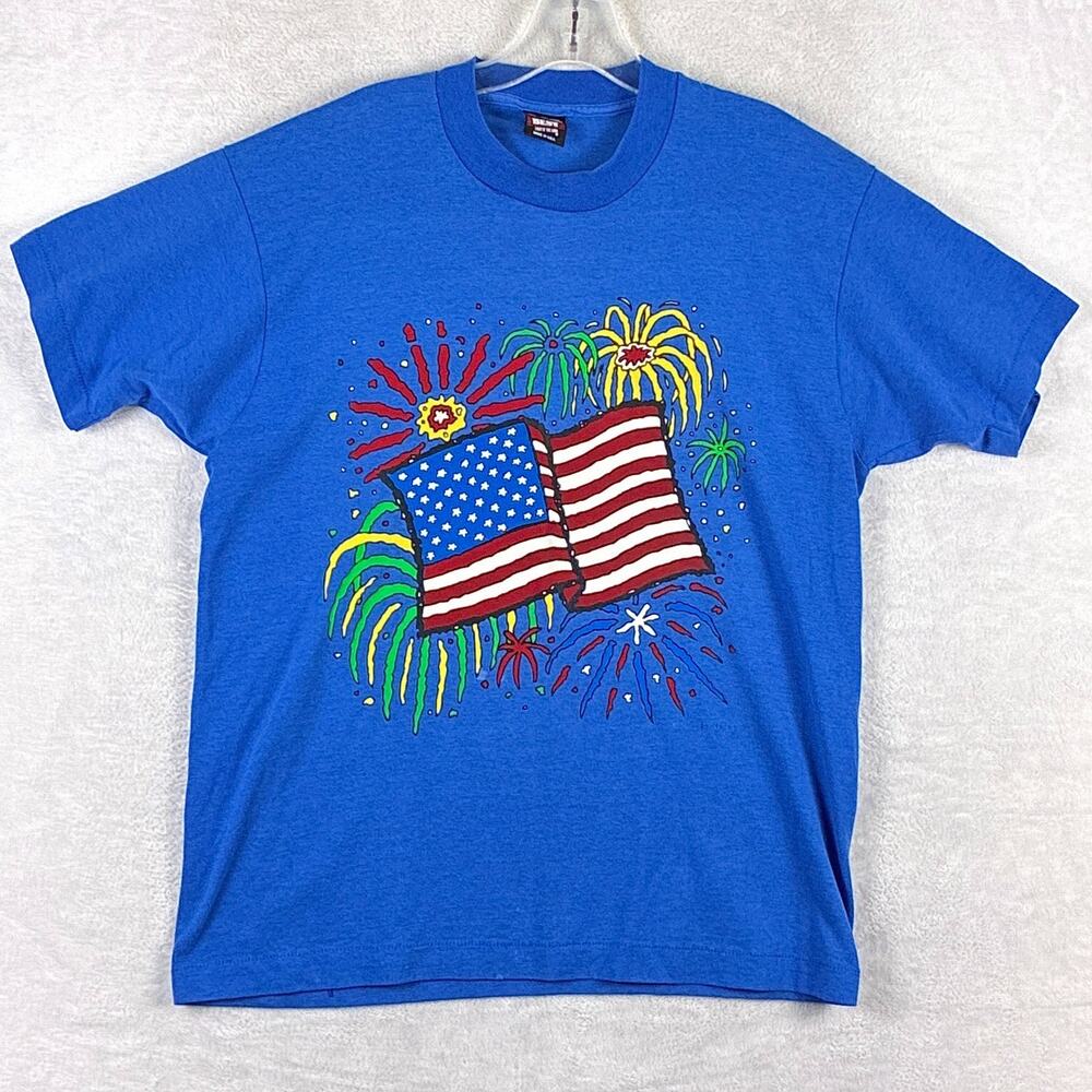 VTG Best Single Stitch TShirt Men L Blue Fourth of July Flag Made in USA 80s 90s